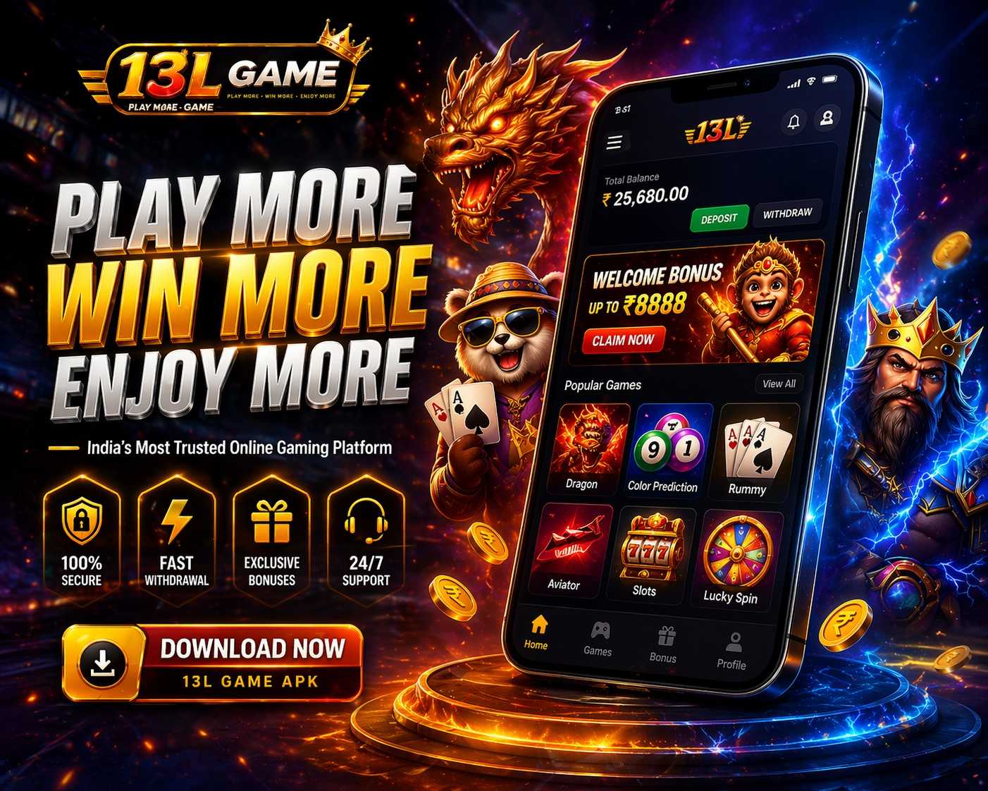 13L Game app interface preview for login and APK download