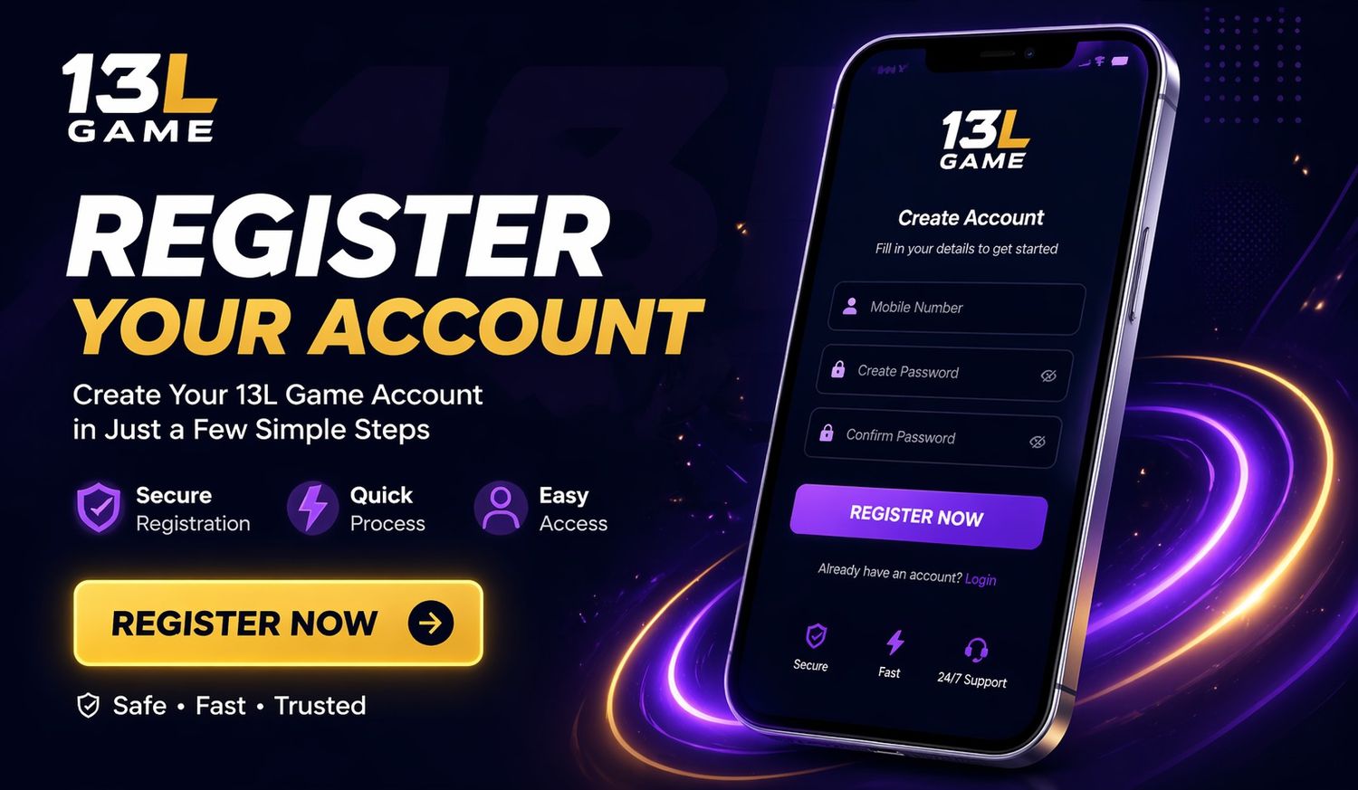 13L Game registration banner showing sign up and new user account access